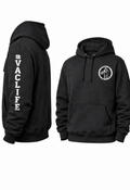 Black hoodie with #VACLIFE printed down the sleeve and a Hydrovac Jack chest logo