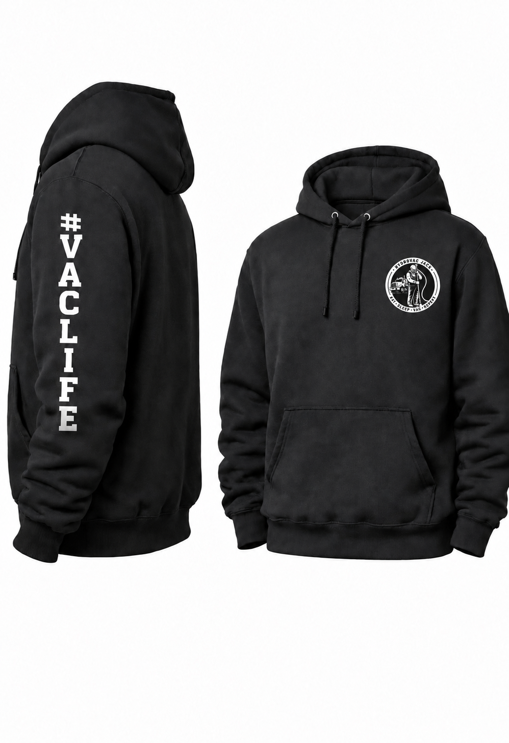 Black hoodie with #VACLIFE printed down the sleeve and a Hydrovac Jack chest logo
