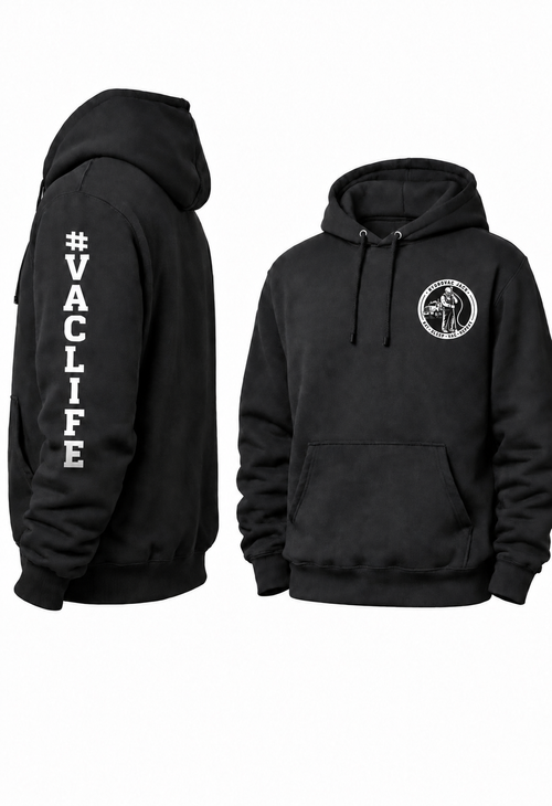 Black hoodie with #VACLIFE printed down the sleeve and a Hydrovac Jack chest logo